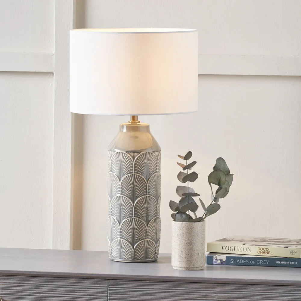 Bethan Embossed Ceramic Table Lamp - Grey