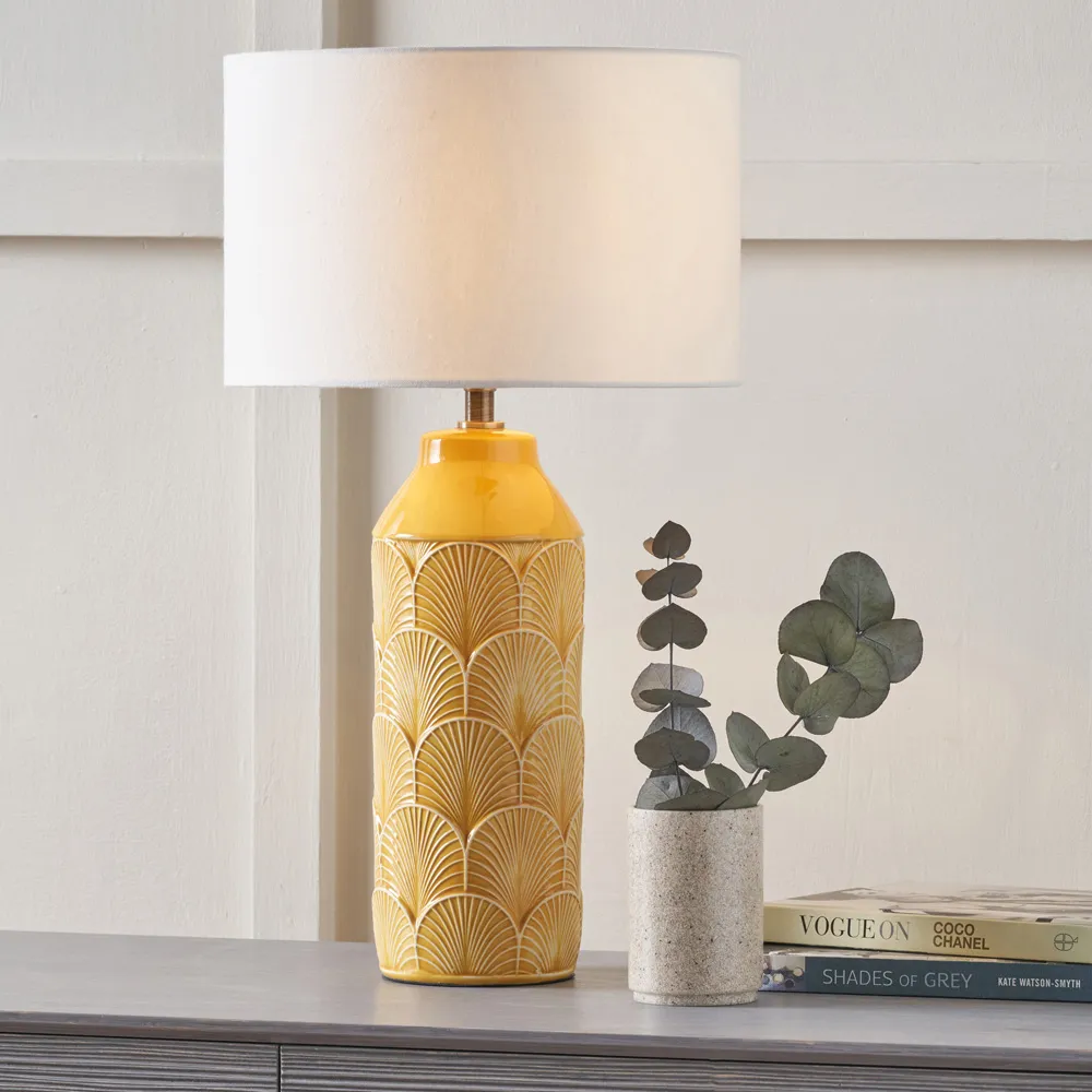 Bethan Embossed Ceramic Table Lamp - Mustard
