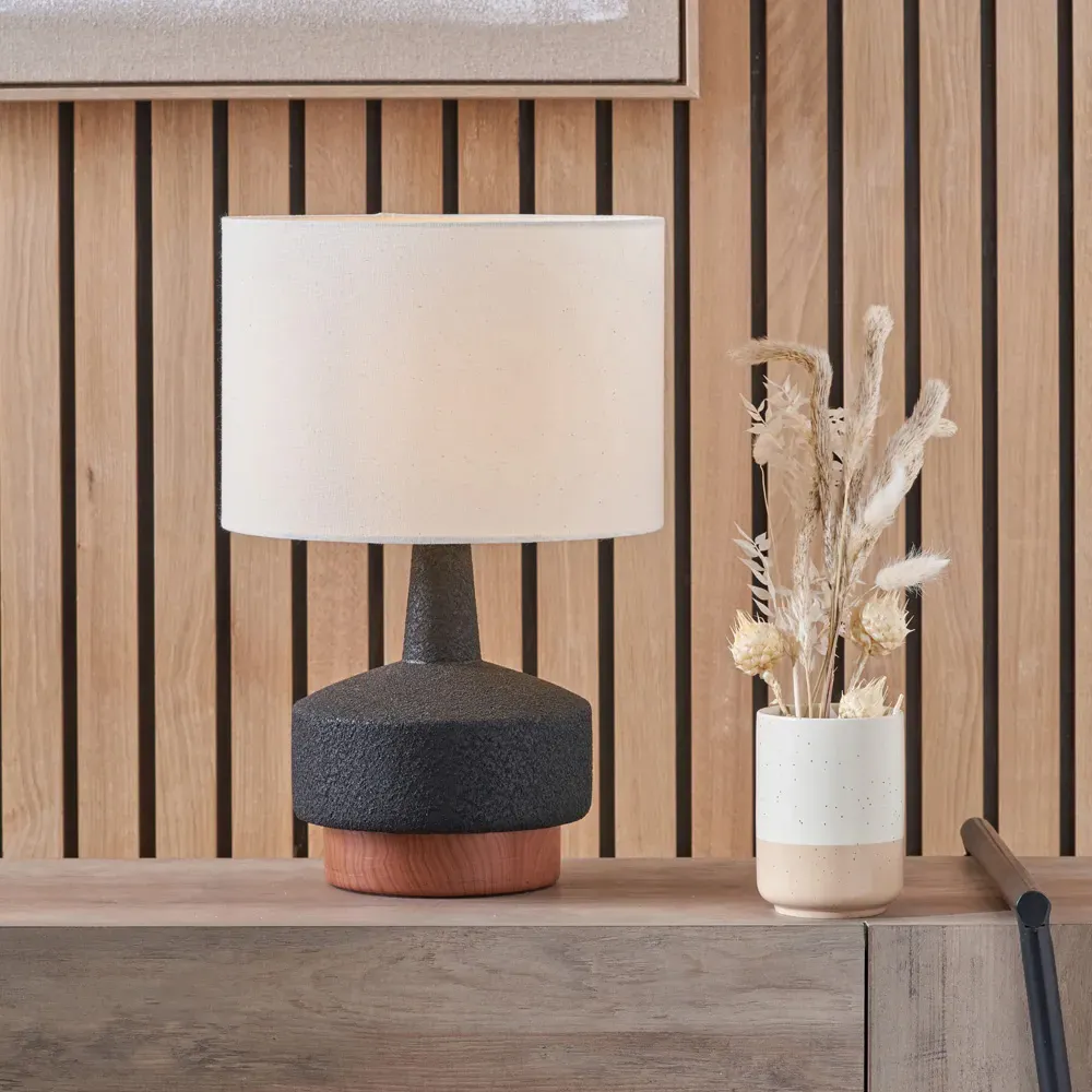 Elio Textured Ceramic Table Lamp - Black, Wood Effect