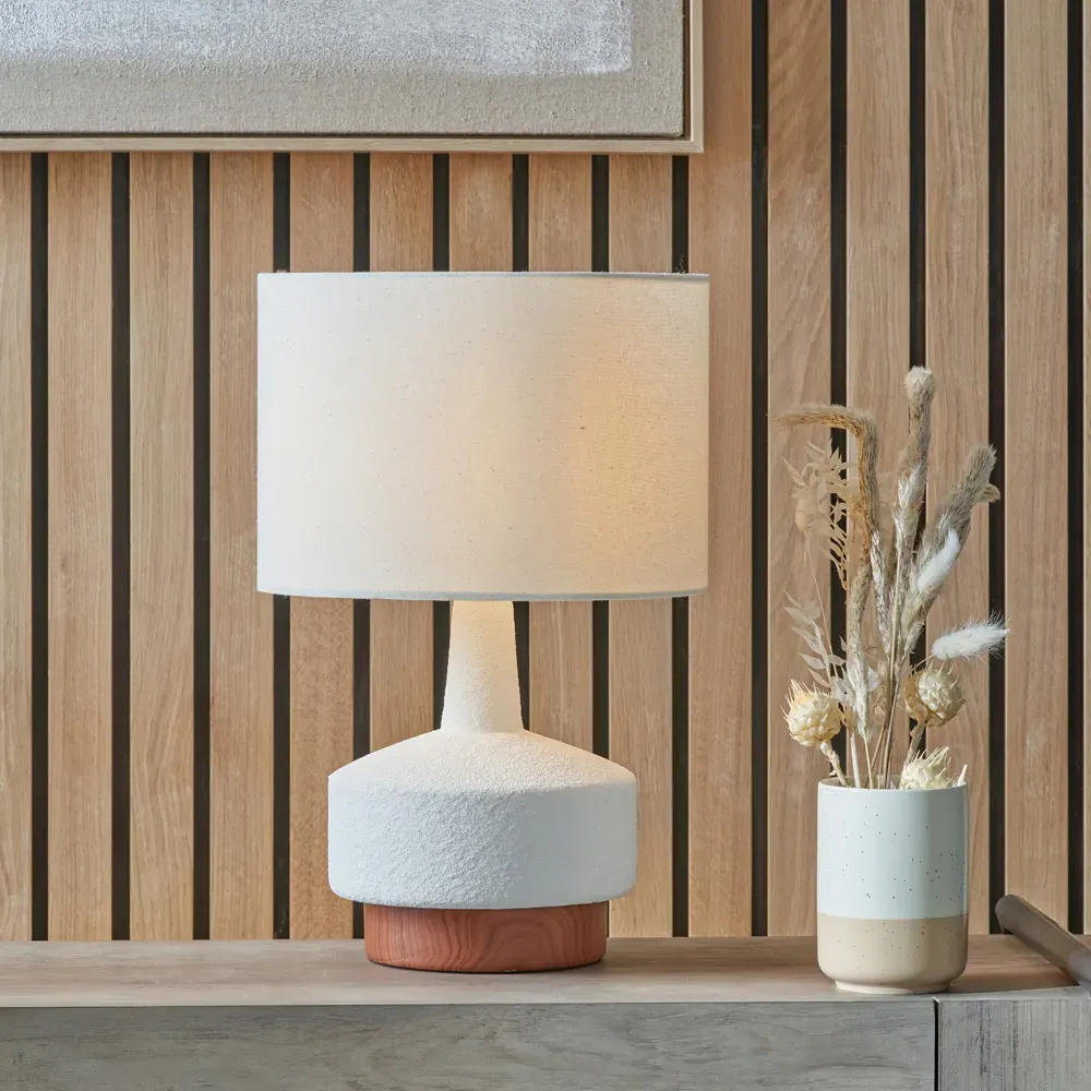Elio Textured Ceramic Table Lamp - White, Wood Effect