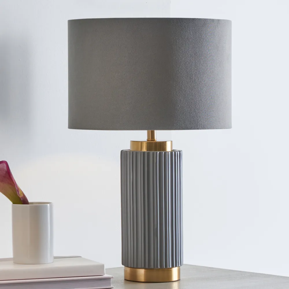 Ionic Textured Ceramic Table Lamp - Grey, Gold Metal