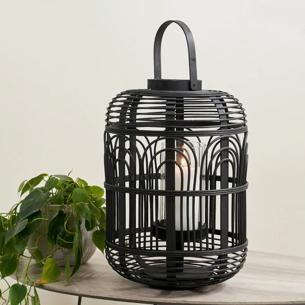 Large Bamboo and Glass Lantern - Black