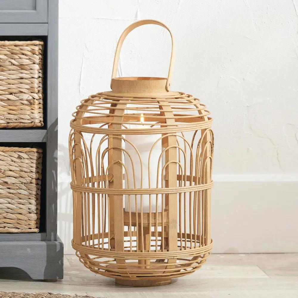 Large Bamboo and Glass Lantern - Brown