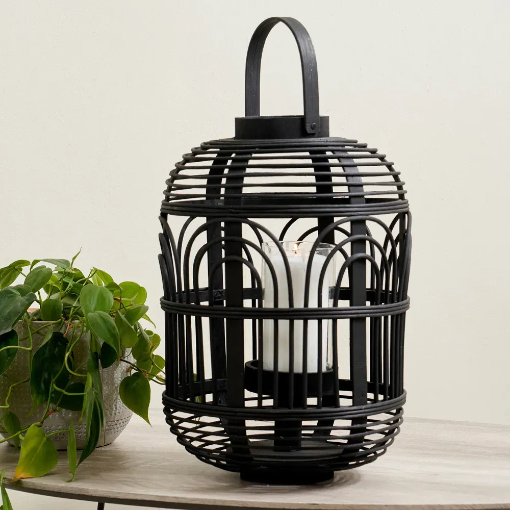 Small Bamboo and Glass Lantern - Black