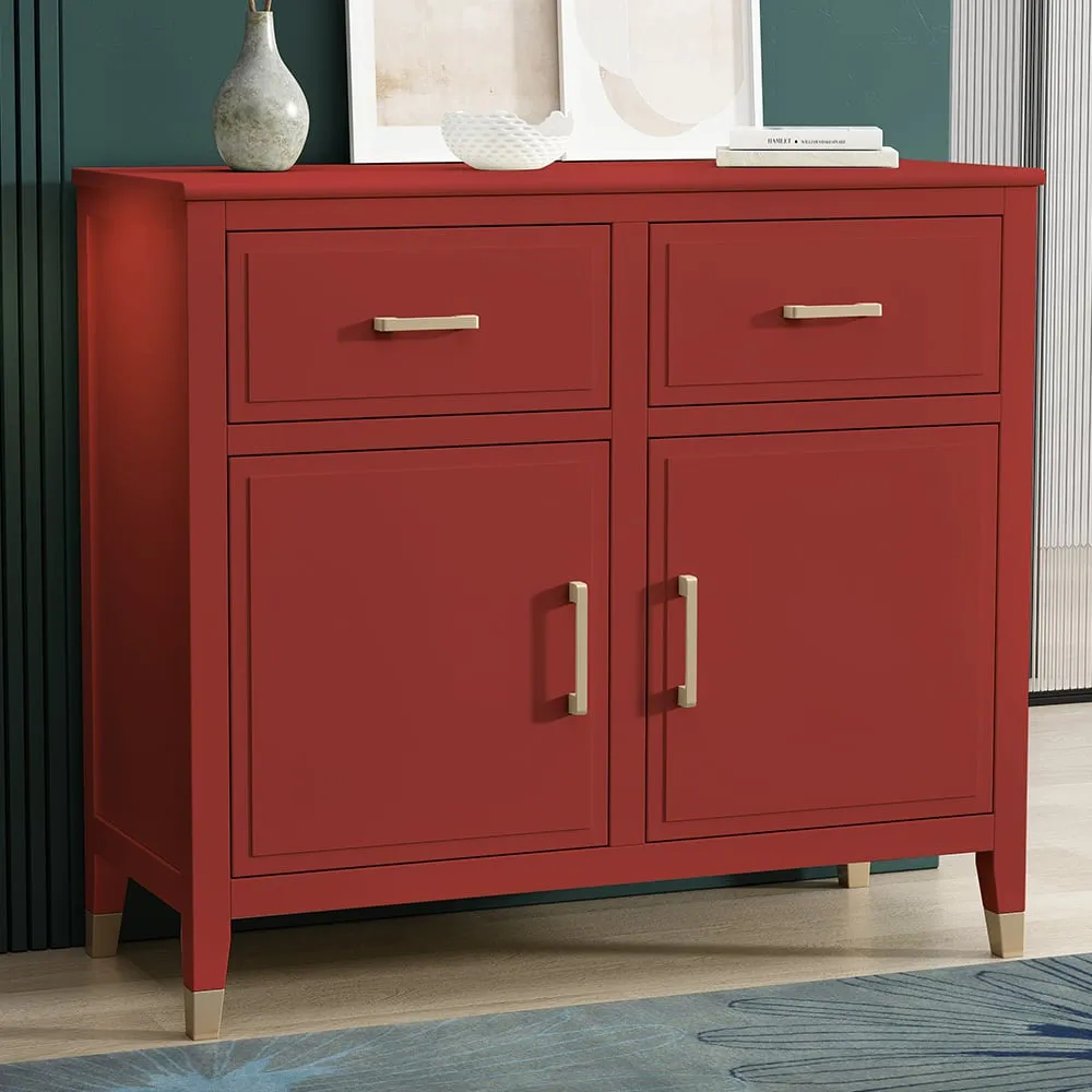 2 Door 2 Drawer Sideboard with Gold Handles - Red, MDF