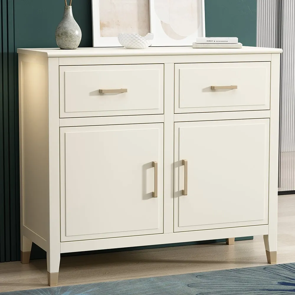 2 Door 2 Drawer Sideboard with Gold Handles - White, MDF