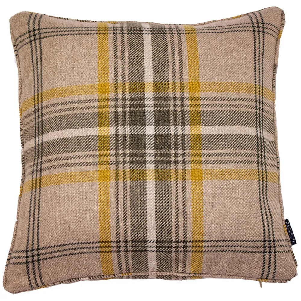 Aviemore Ochre Tartan Cushion - Yellow, Faux Wool