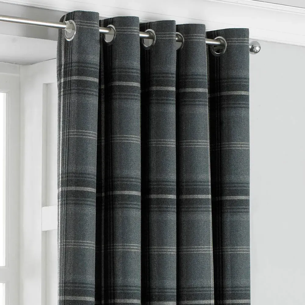 Aviemore Tartan Check Eyelet Curtain - Grey, Polyester