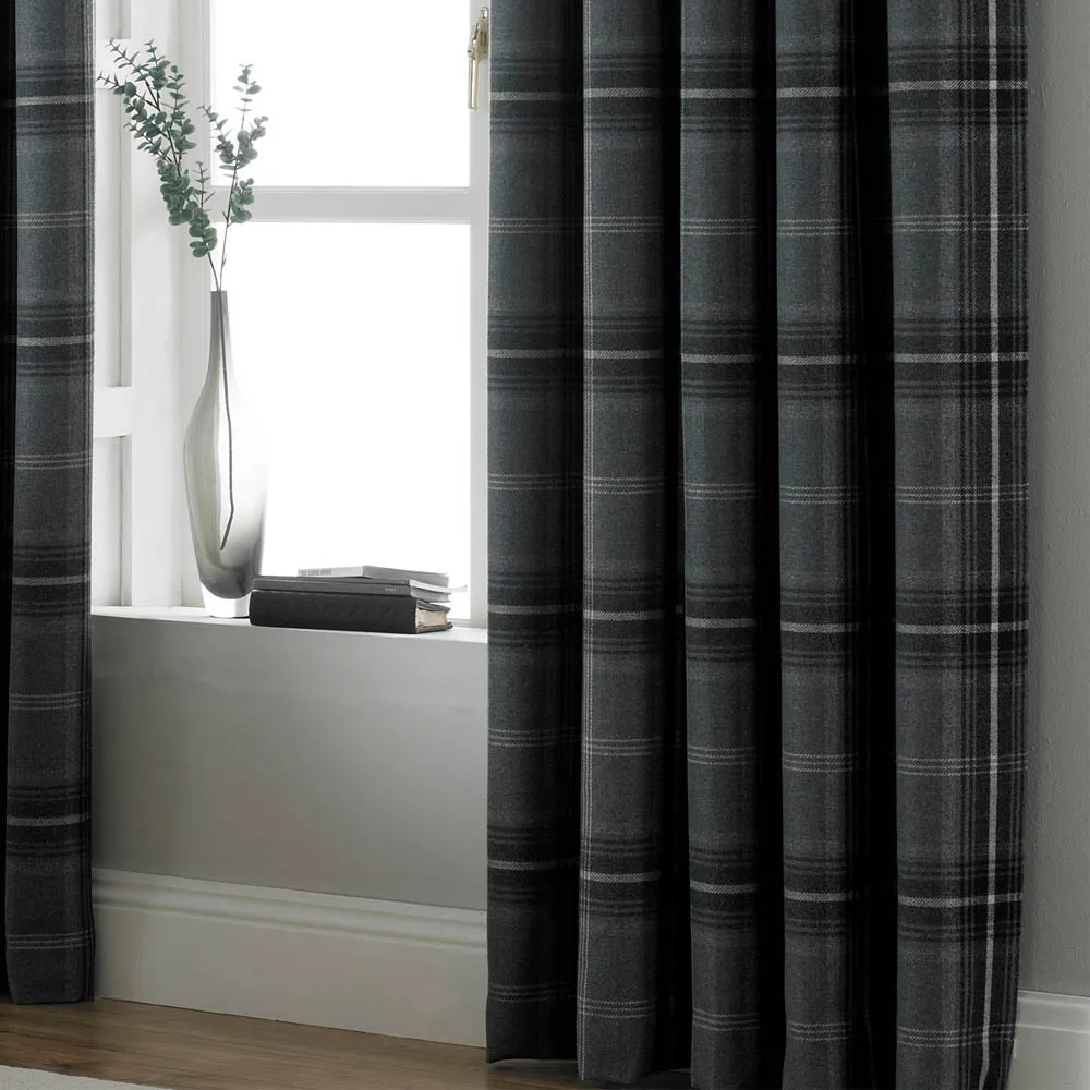 Aviemore Tartan Check Eyelet Curtain - Grey, Polyester