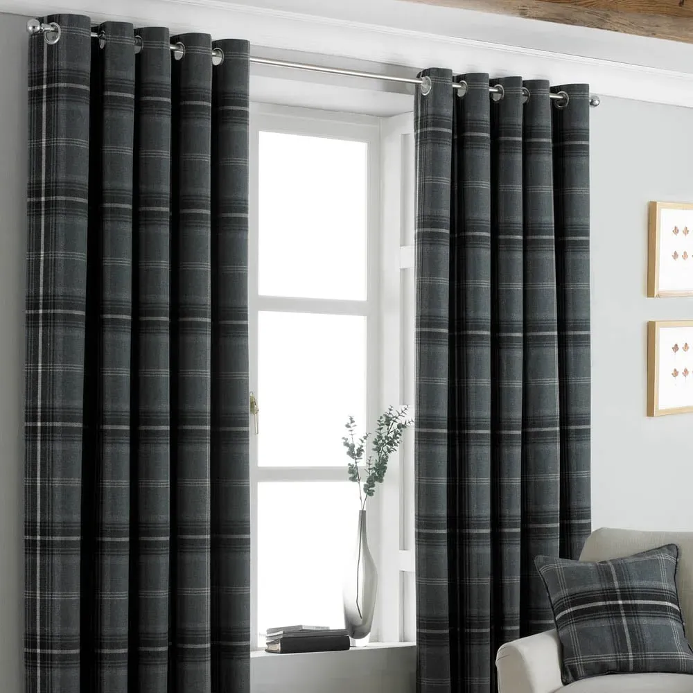 Aviemore Tartan Check Eyelet Curtain - Grey, Polyester image