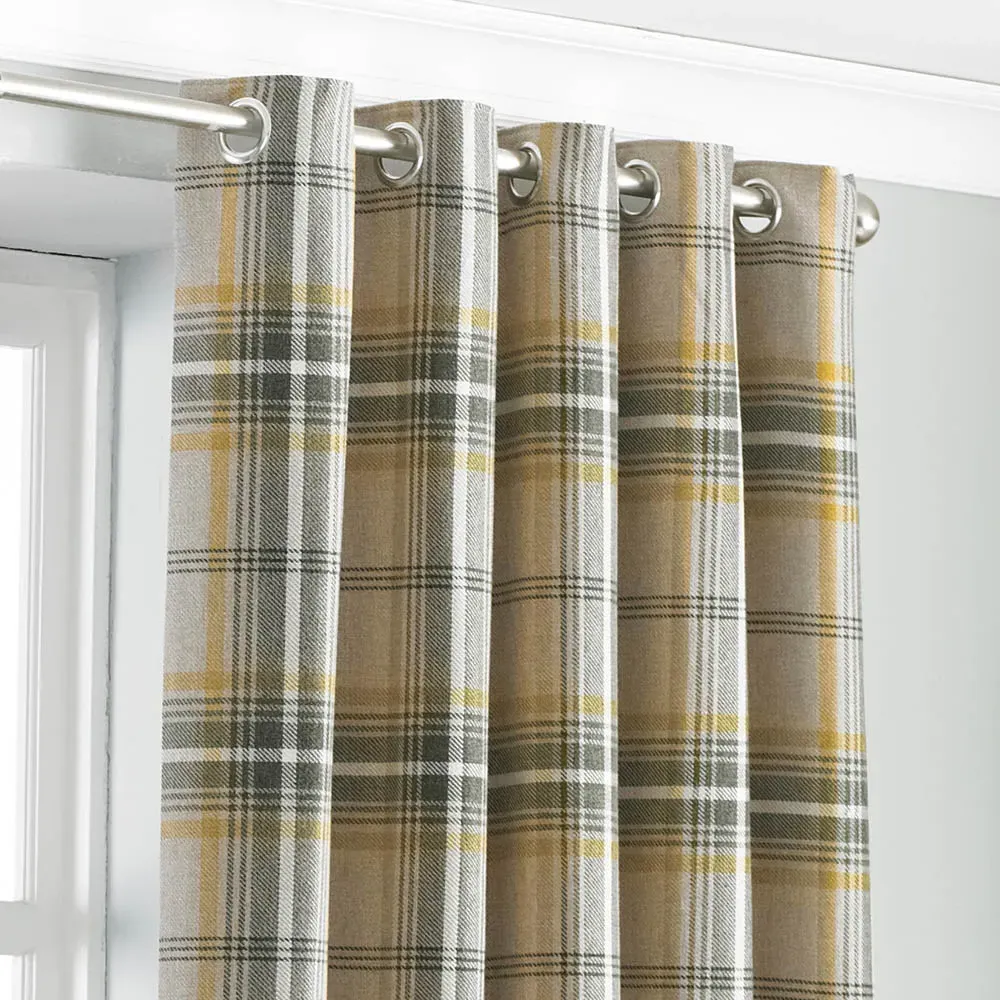 Aviemore Tartan Check Eyelet Curtain - Ochre, Polyester