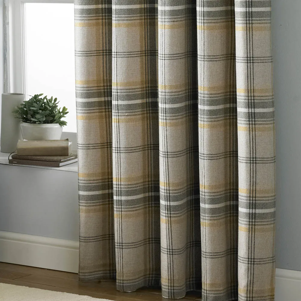 Aviemore Tartan Check Eyelet Curtain - Ochre, Polyester