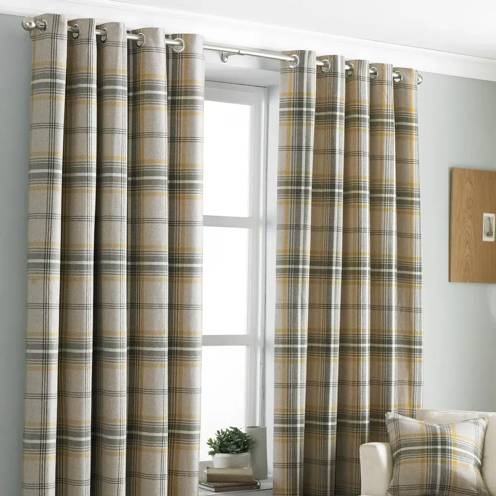 Aviemore Tartan Check Eyelet Curtain - Ochre, Polyester