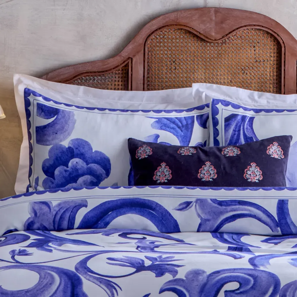 Azzurro King Size Printed Cotton Duvet Set - Blue