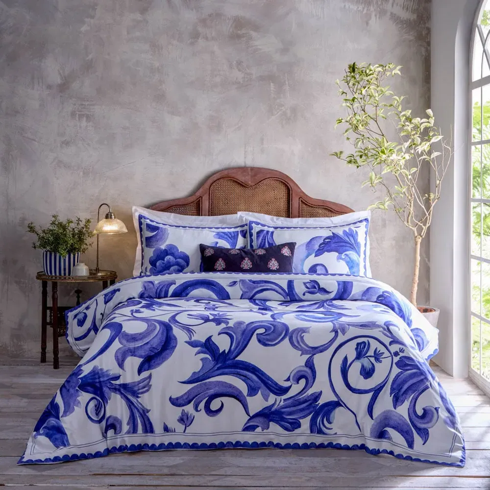 Azzurro Super King Size Printed Cotton Duvet Set - Blue