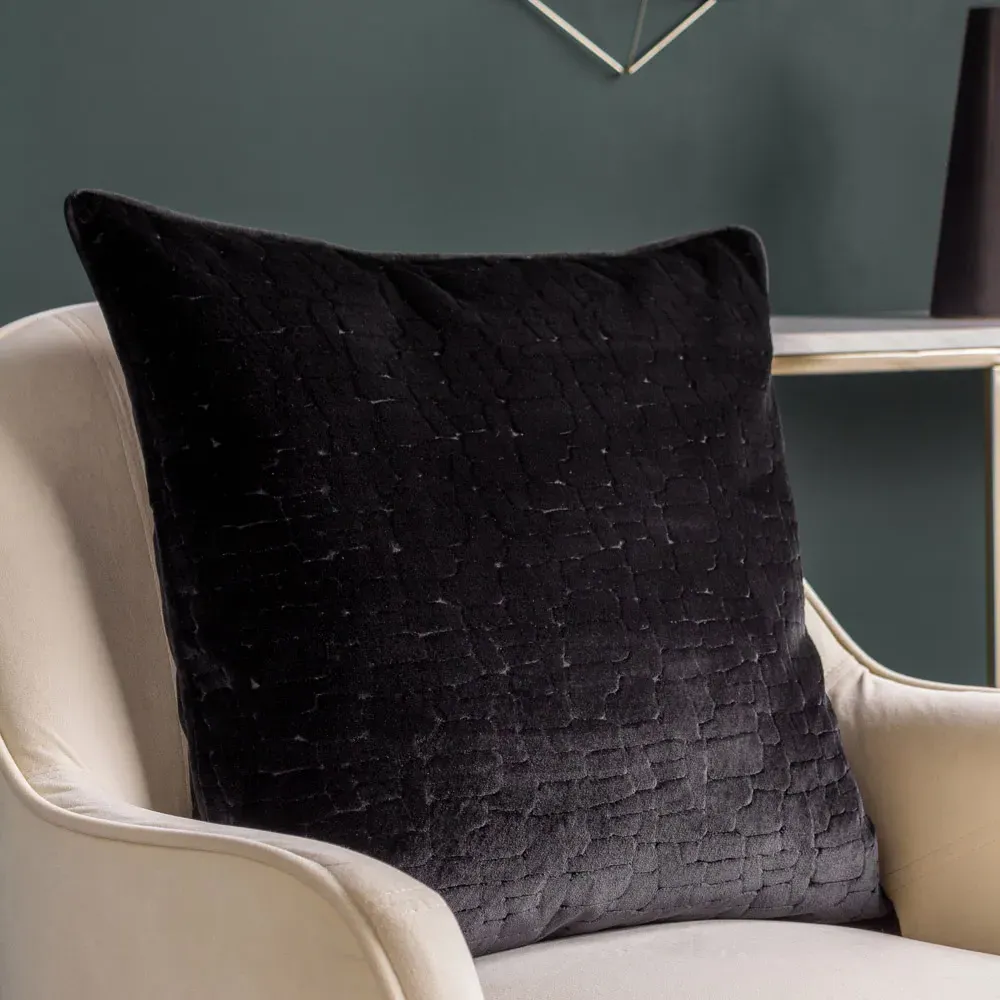 Bloomsbury Geometric Cut Velvet Piped Cushion - Black