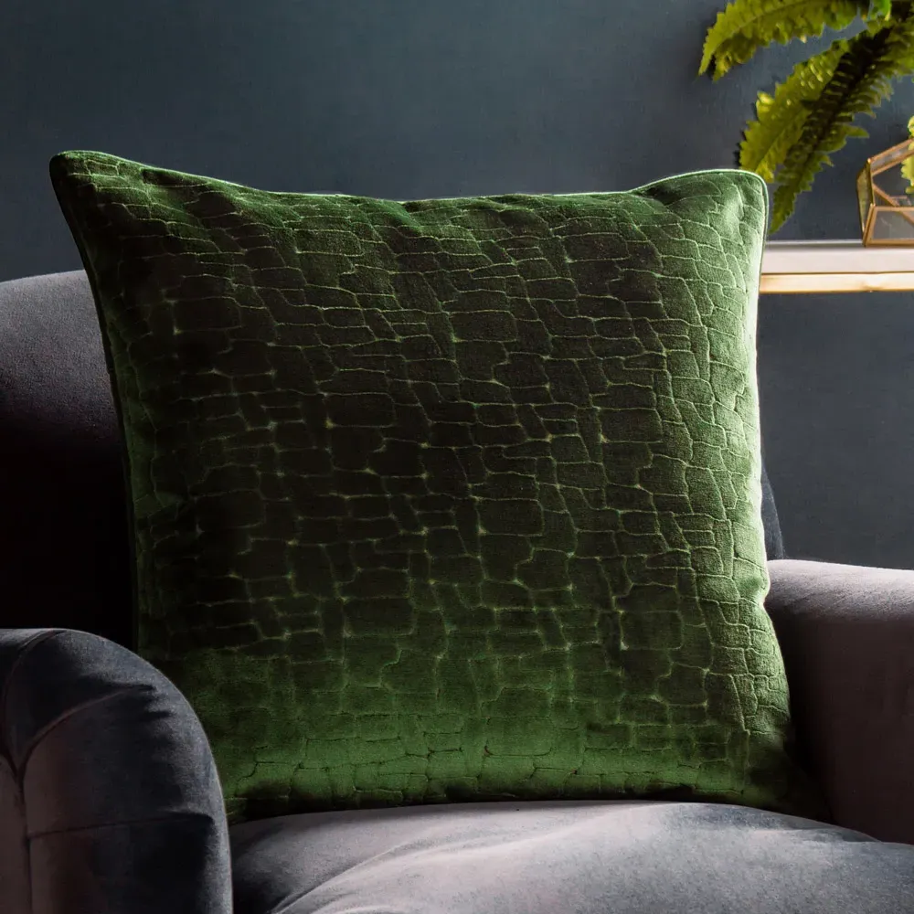 Bloomsbury Geometric Cut Velvet Piped Cushion - Green
