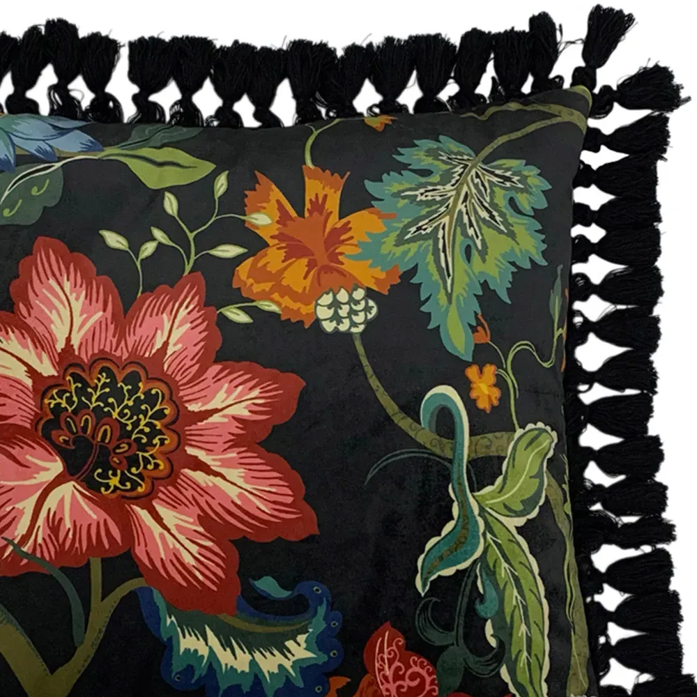 Botanist Floral Cushion with Tassel Edging - Black