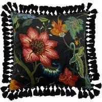 Botanist Floral Cushion with Tassel Edging - Black