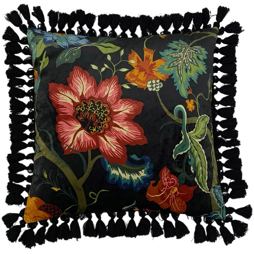 Botanist Floral Cushion with Tassel Edging - Black