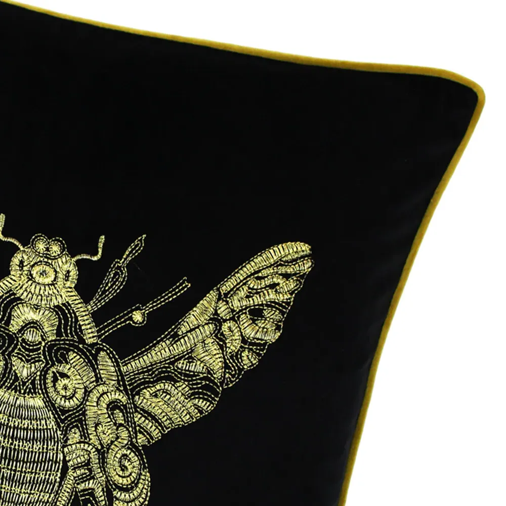 Cerana Embroidered Cushion - Black, Velvet