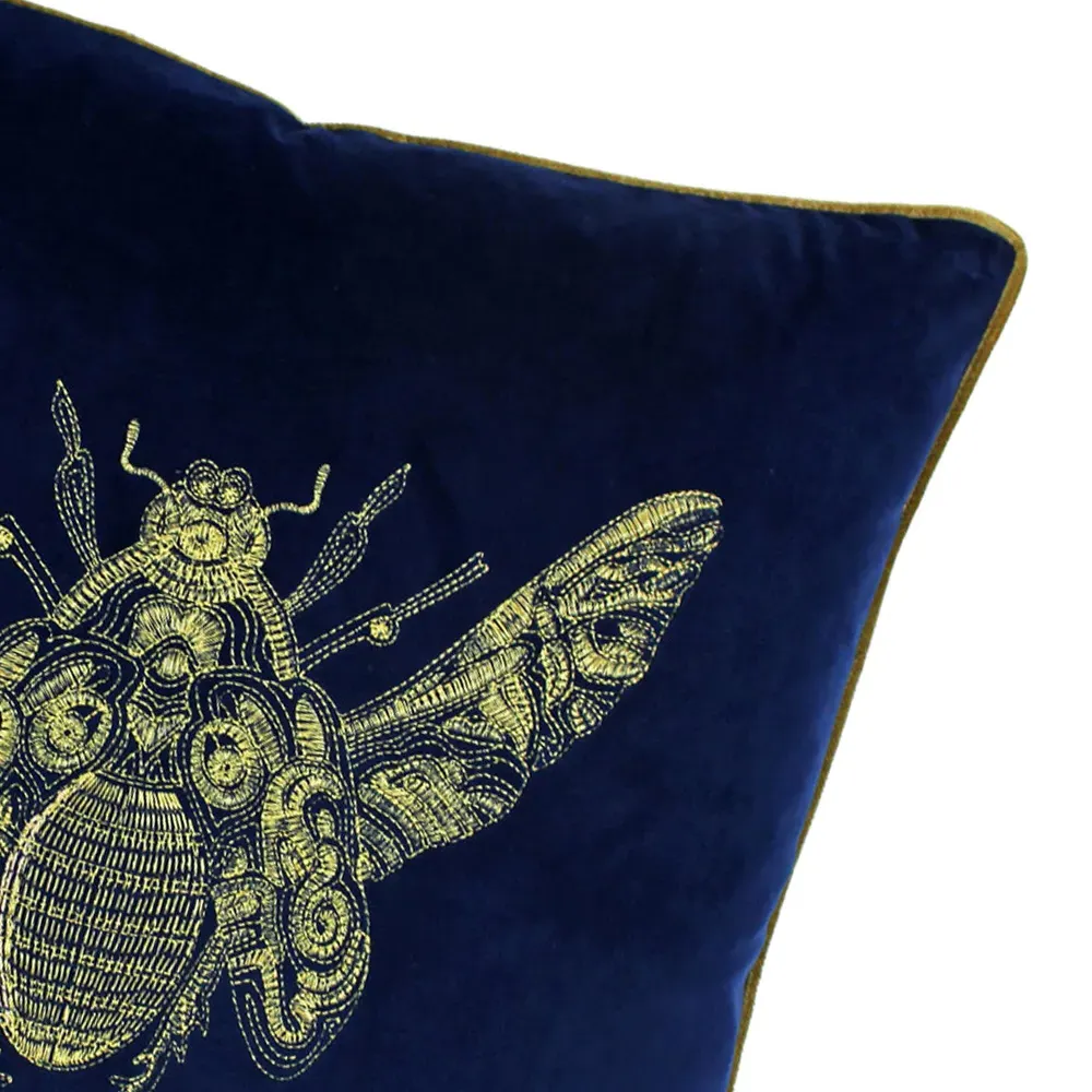 Cerana Embroidered Cushion - Blue, Velvet