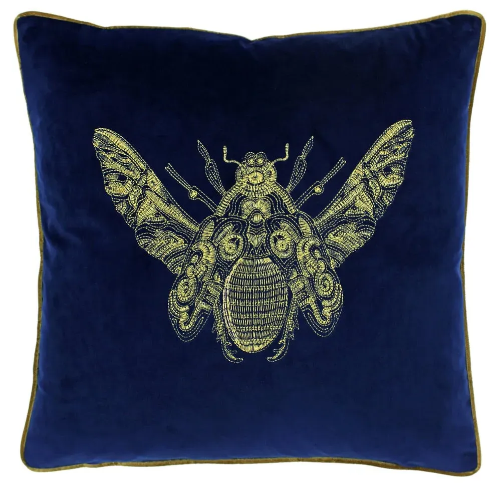 Cerana Embroidered Cushion - Blue, Velvet