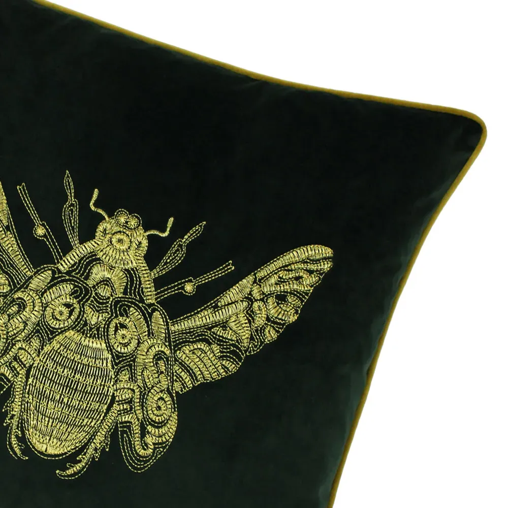 Cerana Embroidered Cushion - Green, Velvet