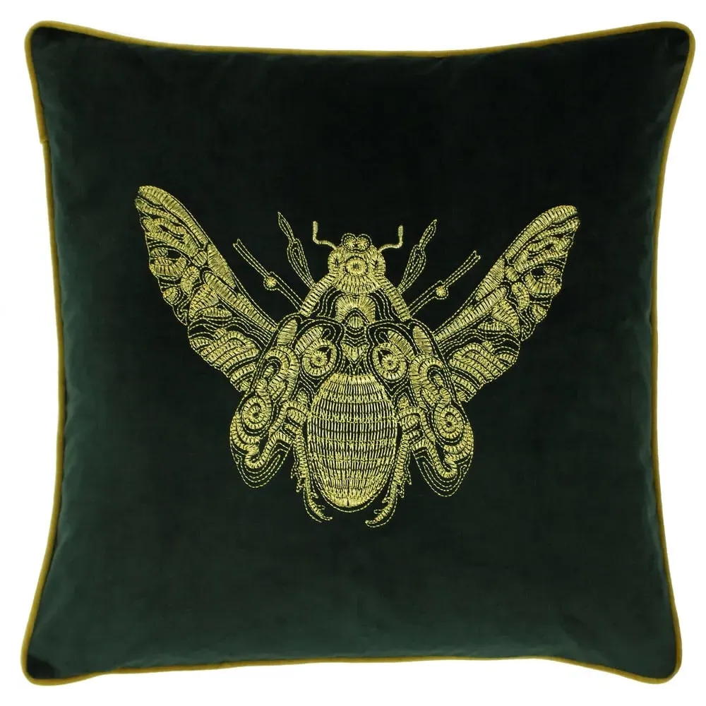 Cerana Embroidered Cushion - Green, Velvet