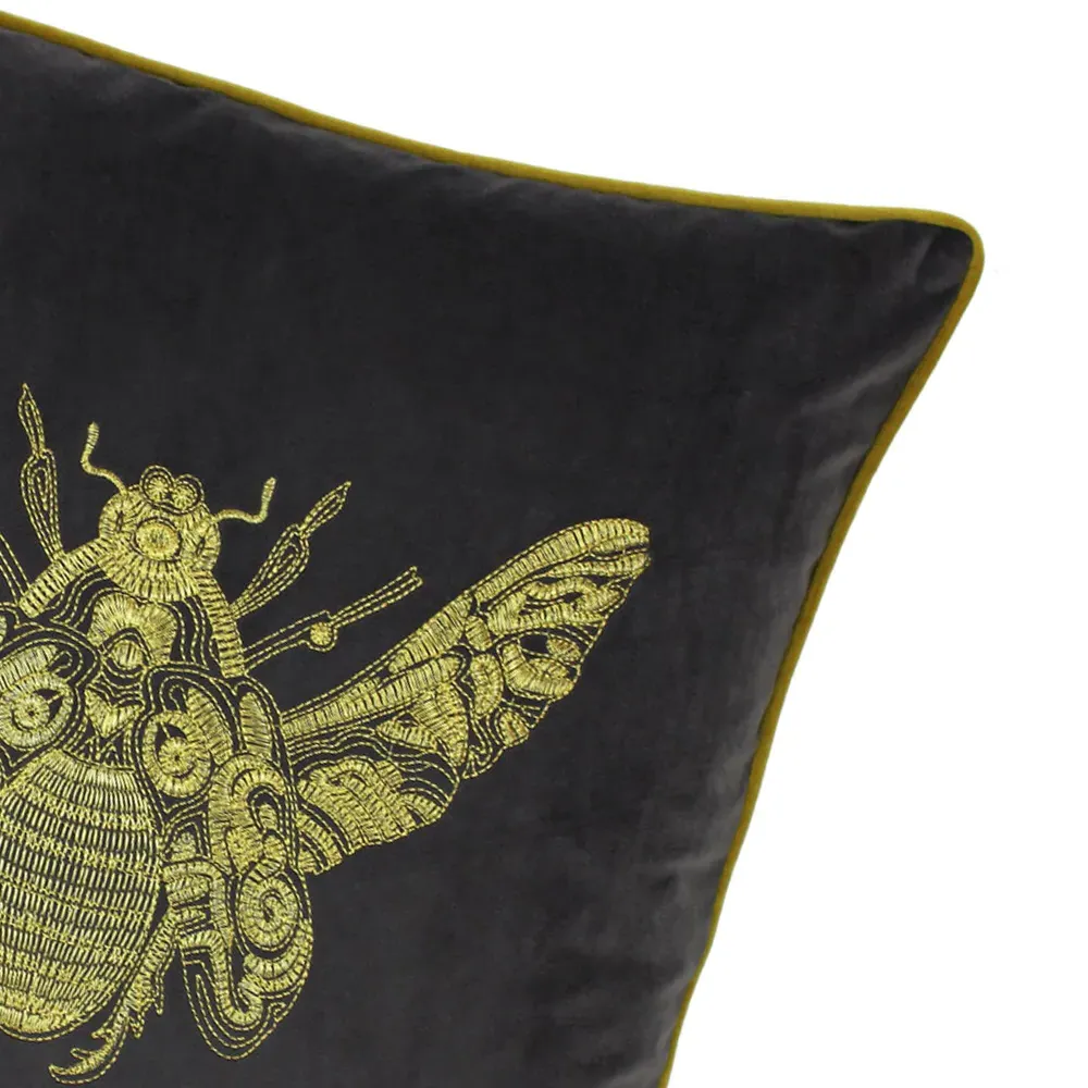 Cerana Embroidered Cushion - Grey, Velvet