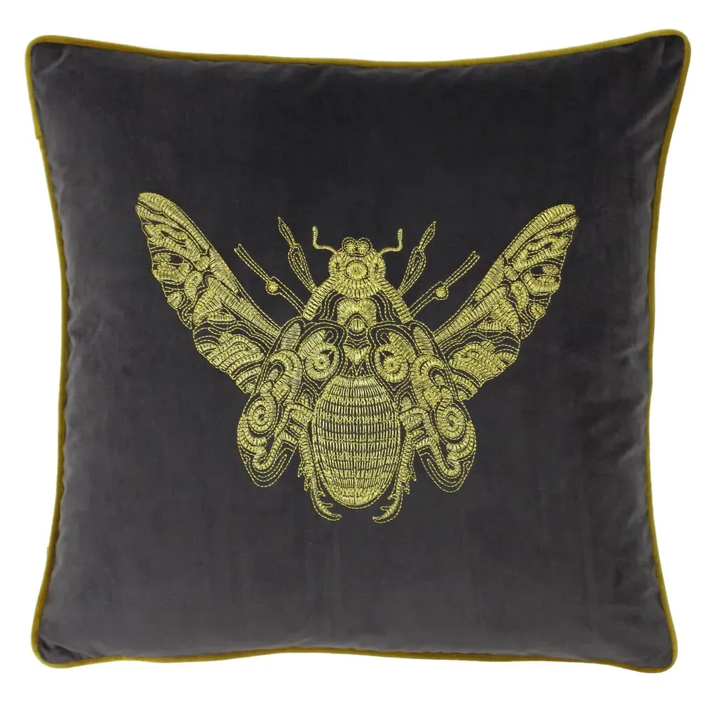 Cerana Embroidered Cushion - Grey, Velvet