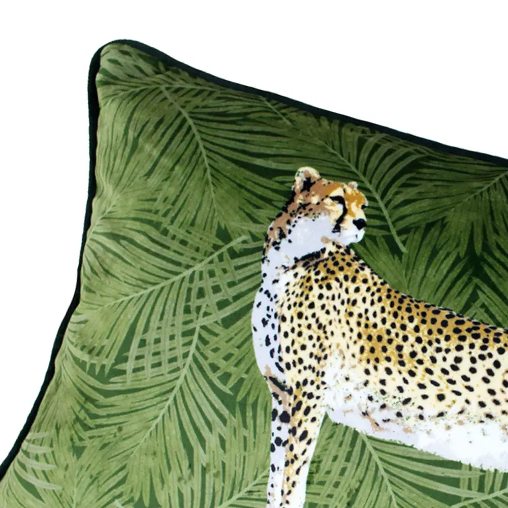 Cheetah Forest Cushion - Green, Velvet