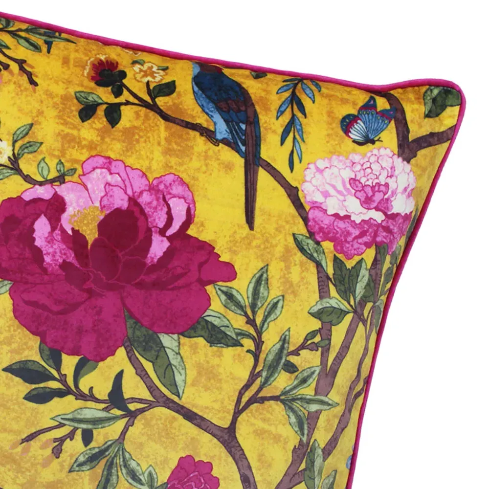 Chinoiserie Floral Cushion - Gold, Velvet