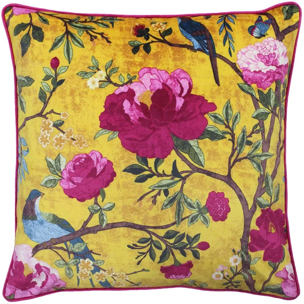 Chinoiserie Floral Cushion - Gold, Velvet image