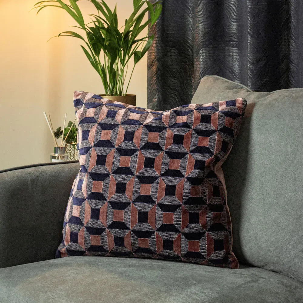 Empire Velvet Jacquard Cushion - Blush and Navy