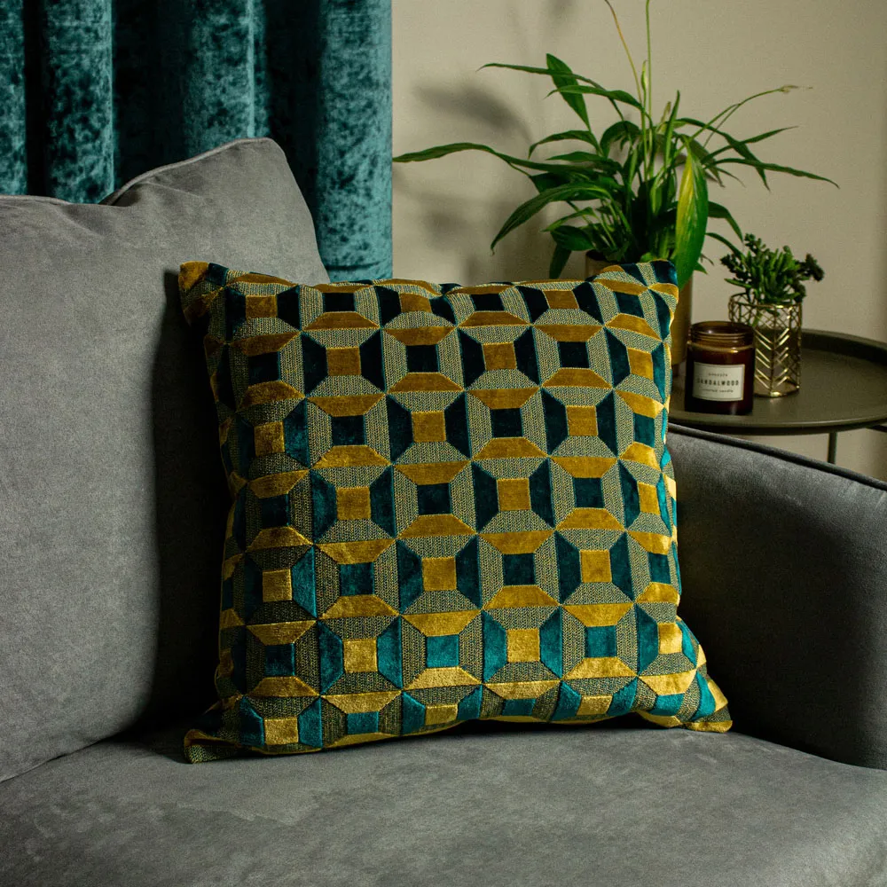 Empire Velvet Jacquard Cushion - Teal, Gold