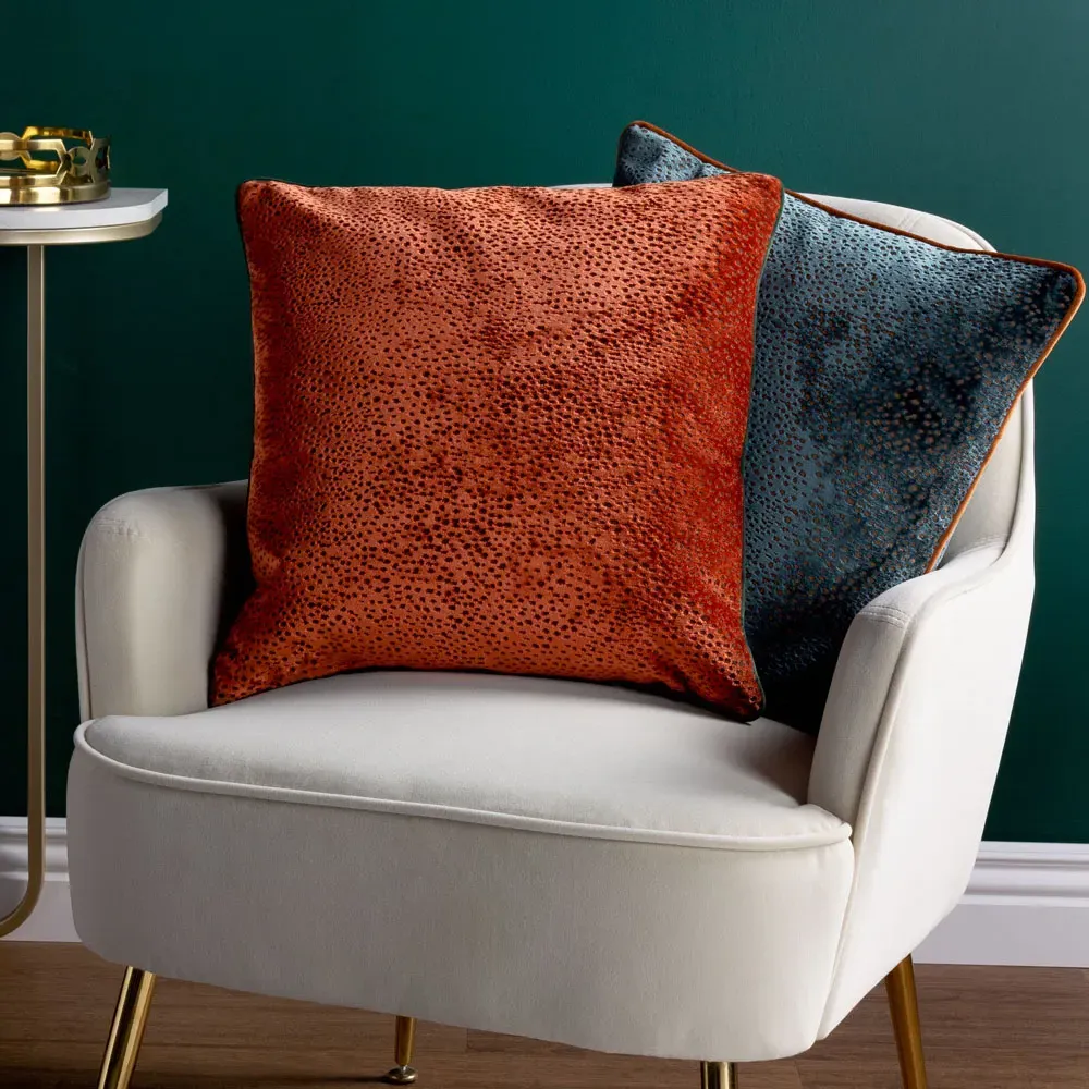 Estelle Spotted Cushion - Paprika and Teal, Cut Velvet