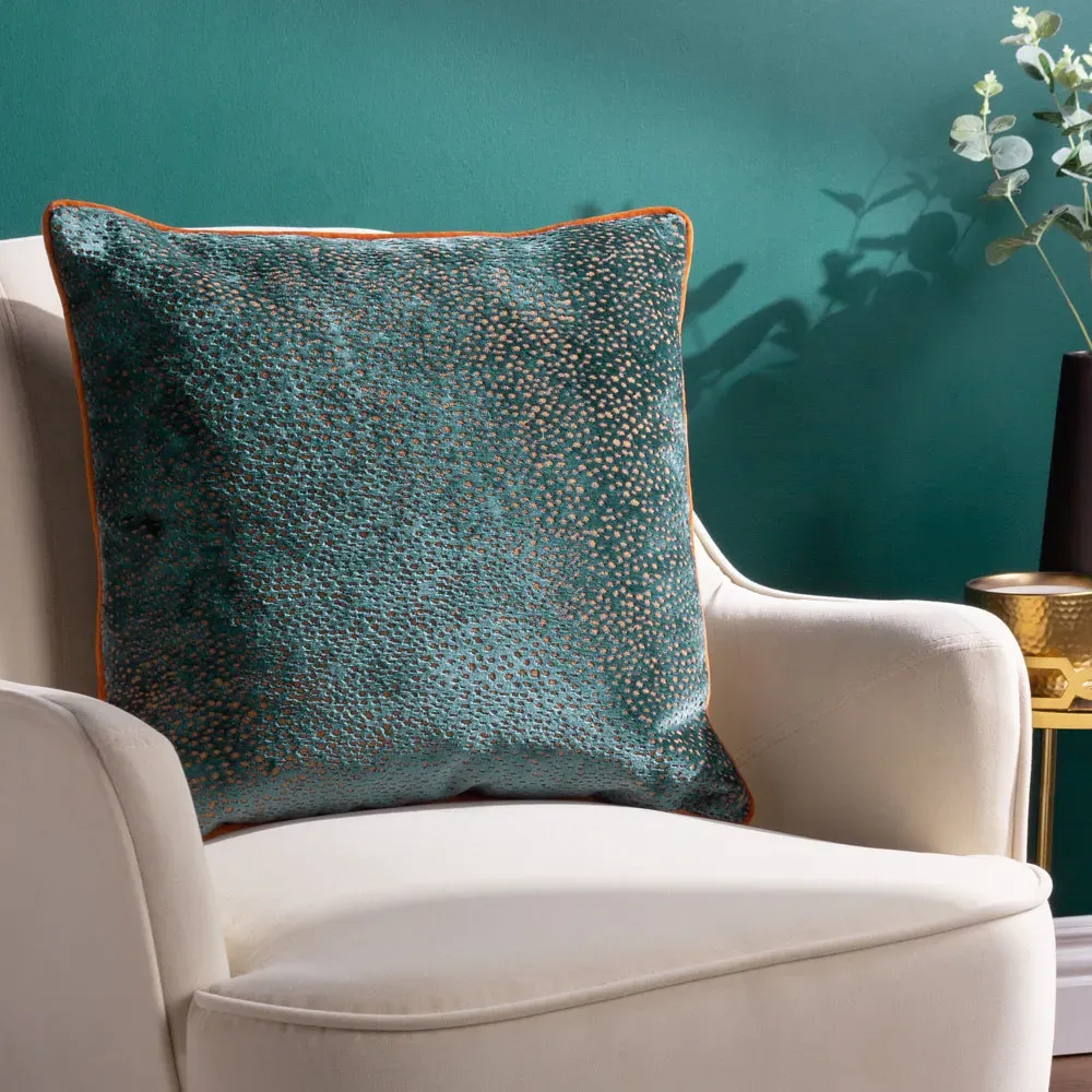 Estelle Spotted Cushion - Teal and Rust, Cut Velvet