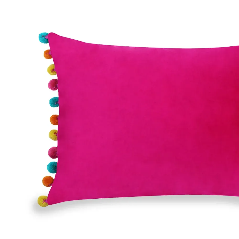 Fiesta Pom Pom Cushion - Hot Pink, Velvet