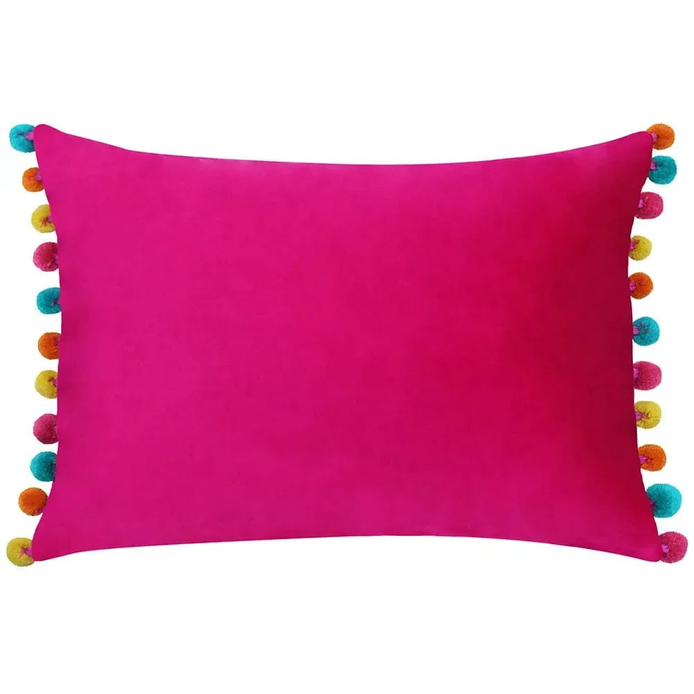 Fiesta Pom Pom Cushion - Hot Pink, Velvet
