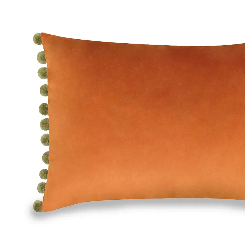 Fiesta Pom Pom Cushion - Rust Khaki, Velvet