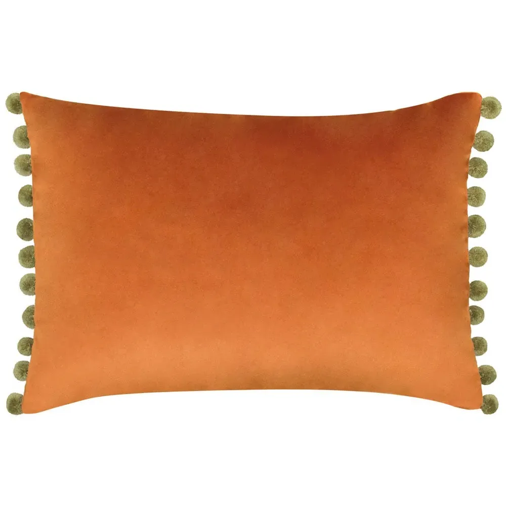 Fiesta Pom Pom Cushion - Rust Khaki, Velvet