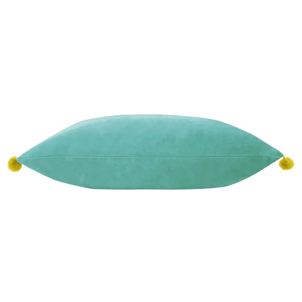 Fiesta Pom Pom Cushion - Teal Bamboo, Velvet