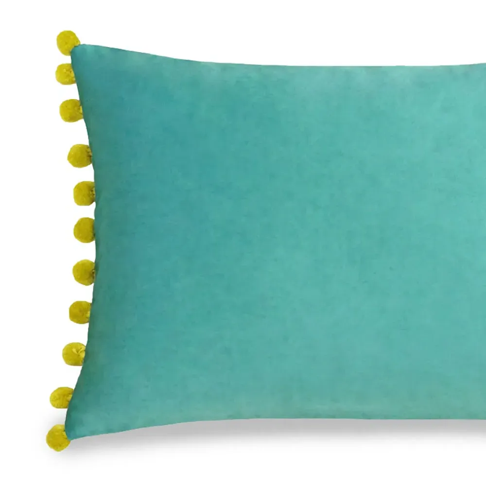 Fiesta Pom Pom Cushion - Teal Bamboo, Velvet