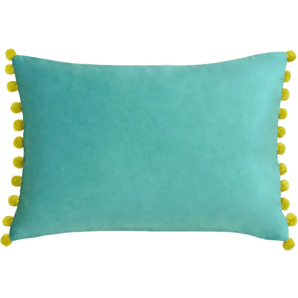 Fiesta Pom Pom Cushion - Teal Bamboo, Velvet