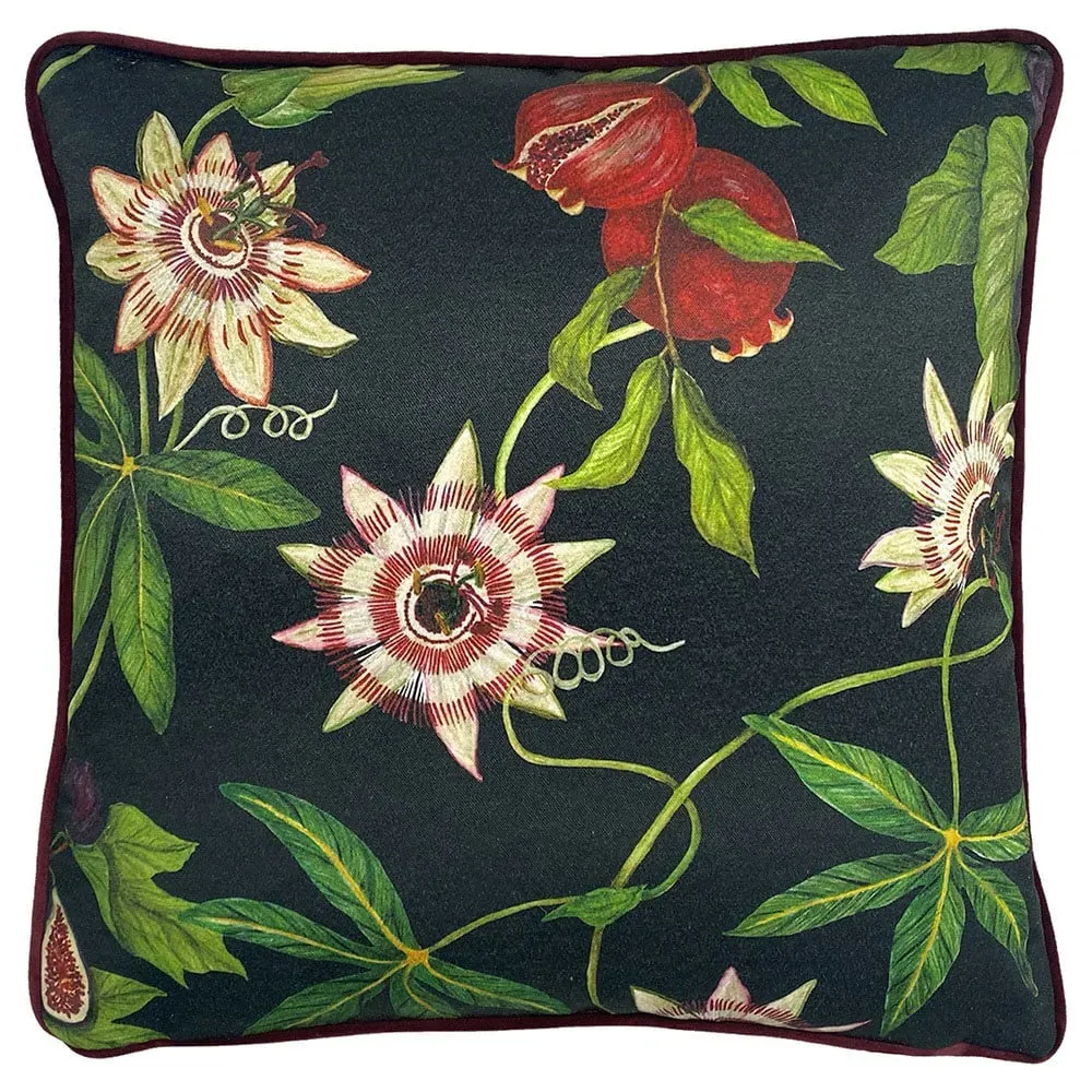 Figaro Floral Piped Velvet Cushion - Green