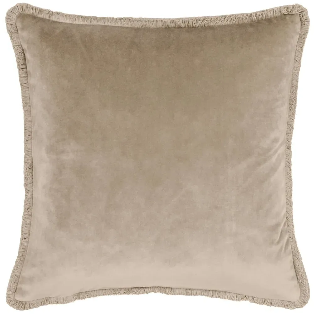 Freya Fringed Cushion - Taupe, Velvet