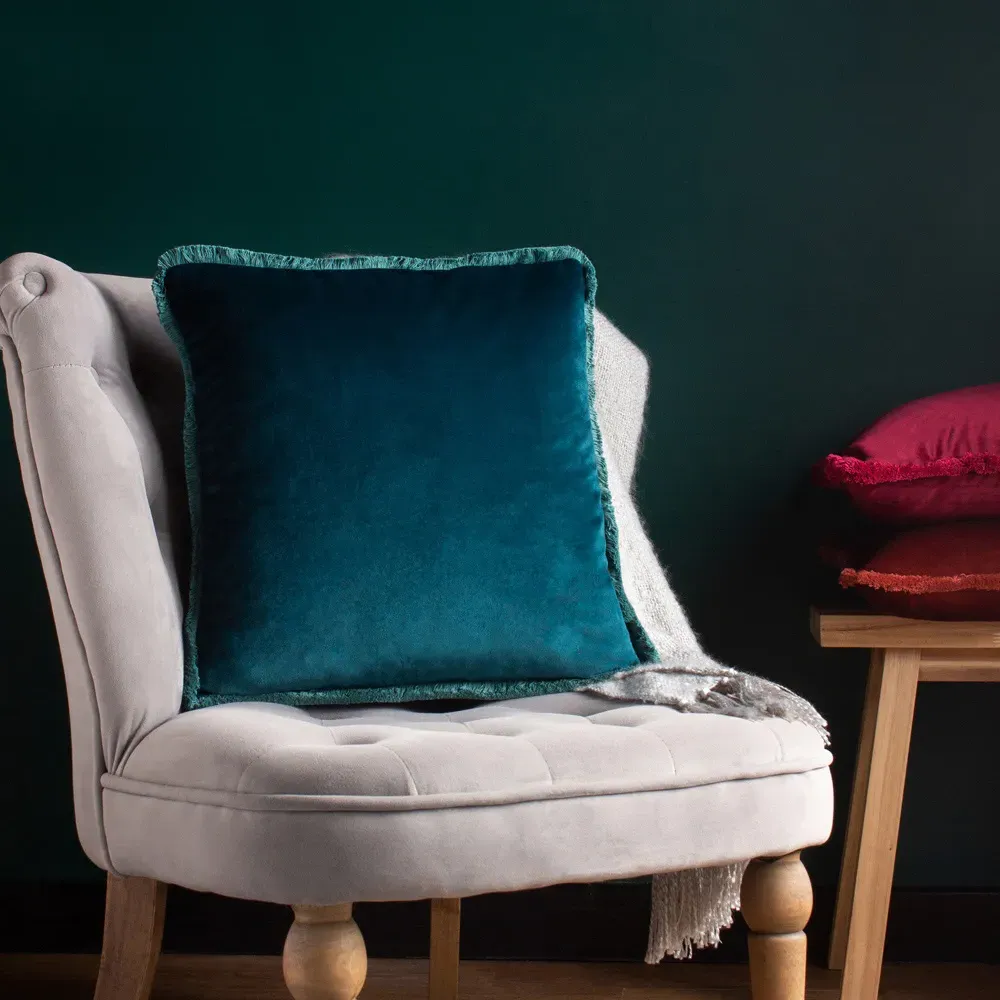 Freya Velvet Fringed Cushion - Teal