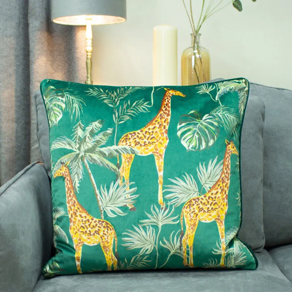 Giraffe Palm Velvet Cushion - Green