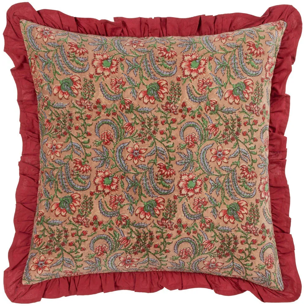 Haven Blushing Rose Floral Cotton Velvet Cushion - Pink
